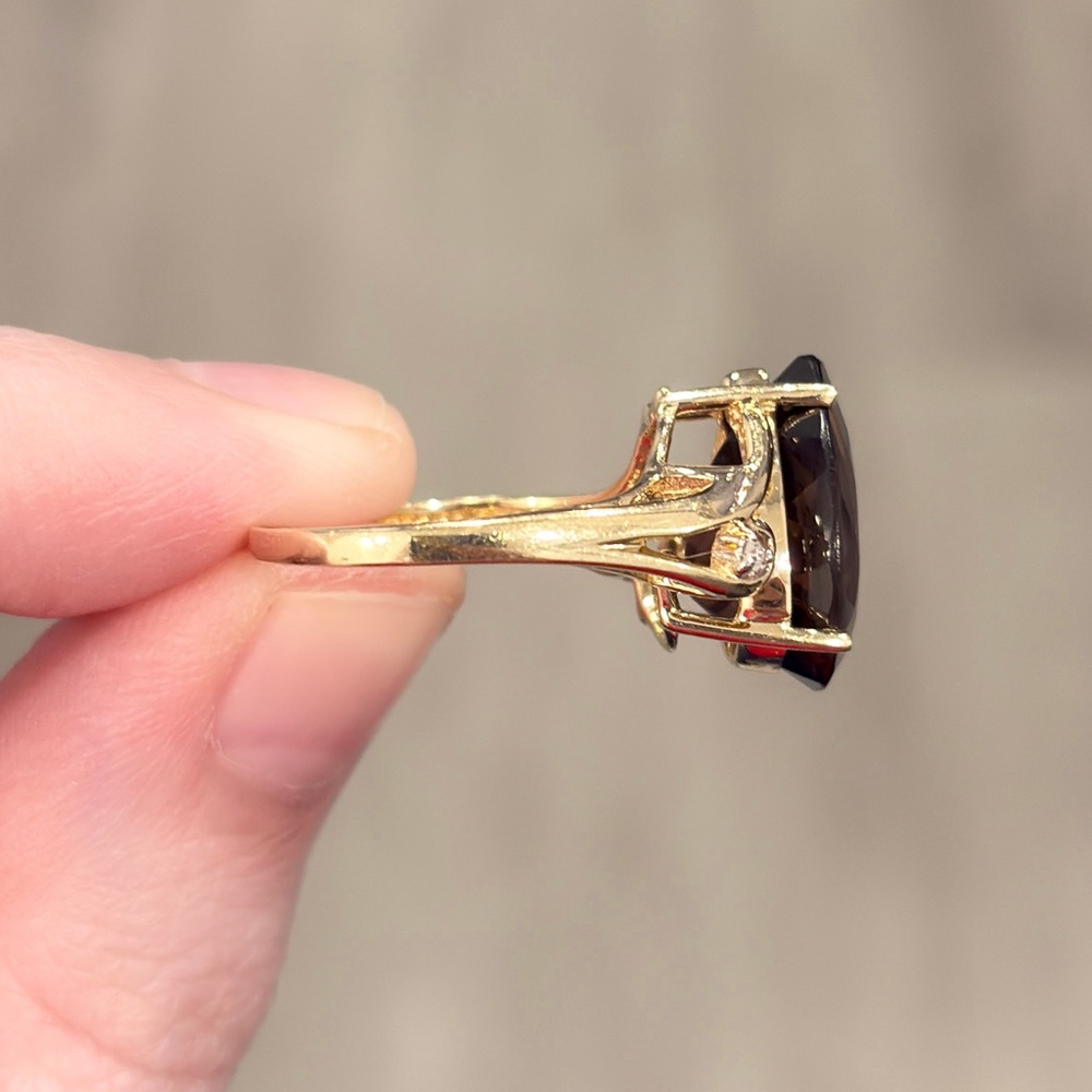 Vintage Pear Cut Smoky Quartz Ring: 14K Yellow Gold Filigree, Diamond, Size 7.5 - Picture 9 of 11
